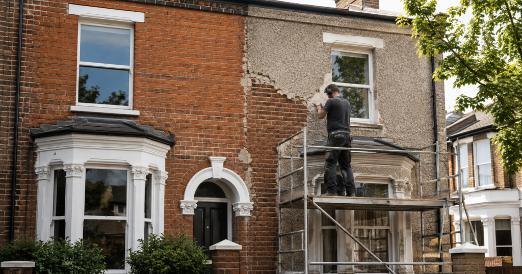 Professional pebbledash removal in London revealing restored red brickwork on a period property